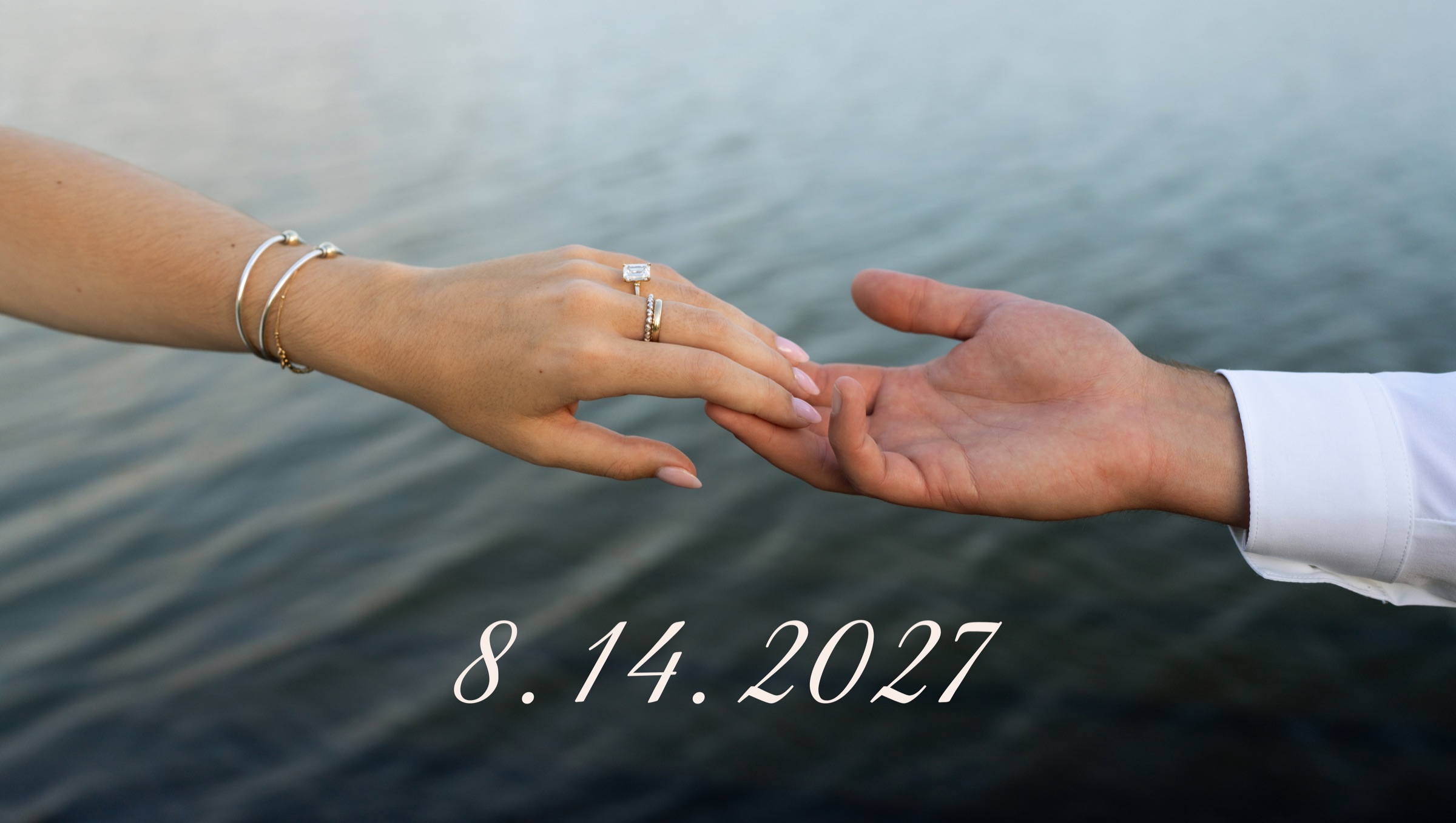 Connor and Shawn holding hands, with text reading 8.14.2027, Westwynd Gardens, Honeybrook, Pennsylvania